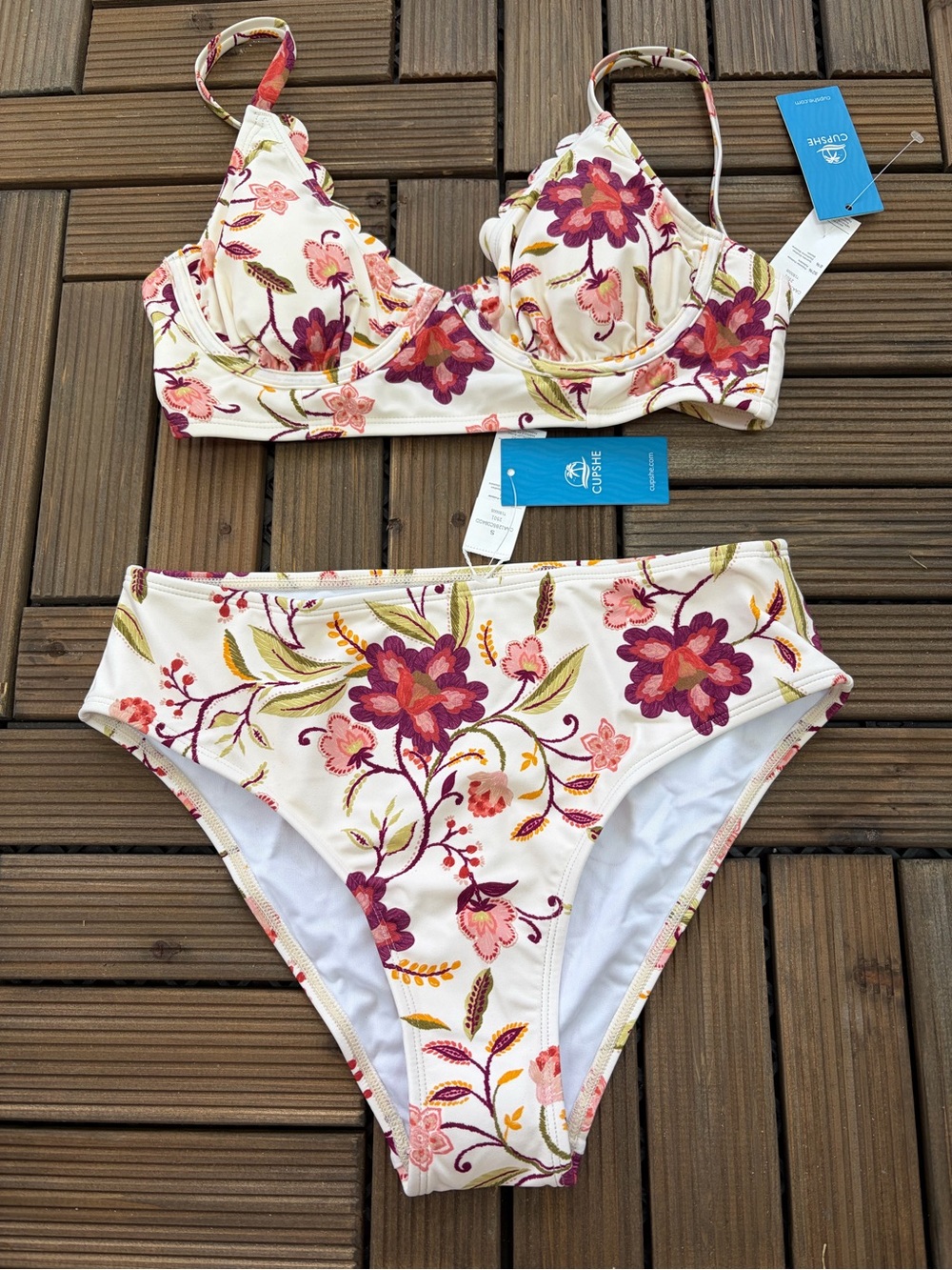 Cupshe Cream Floral Underwire Bikini Set with Pink & Purple Flowers